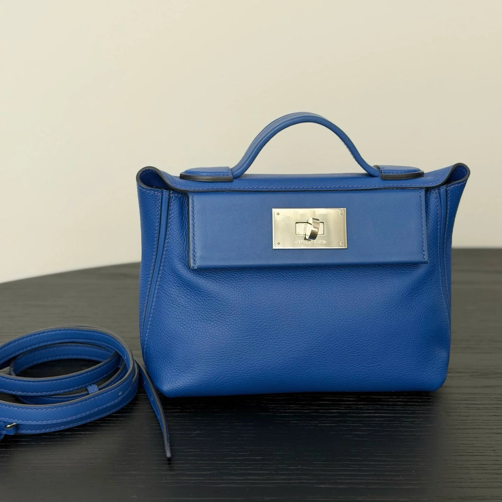 Hermes 2424 Mini Top Handle Shoulder Bag Blue Silver Used Women Classic