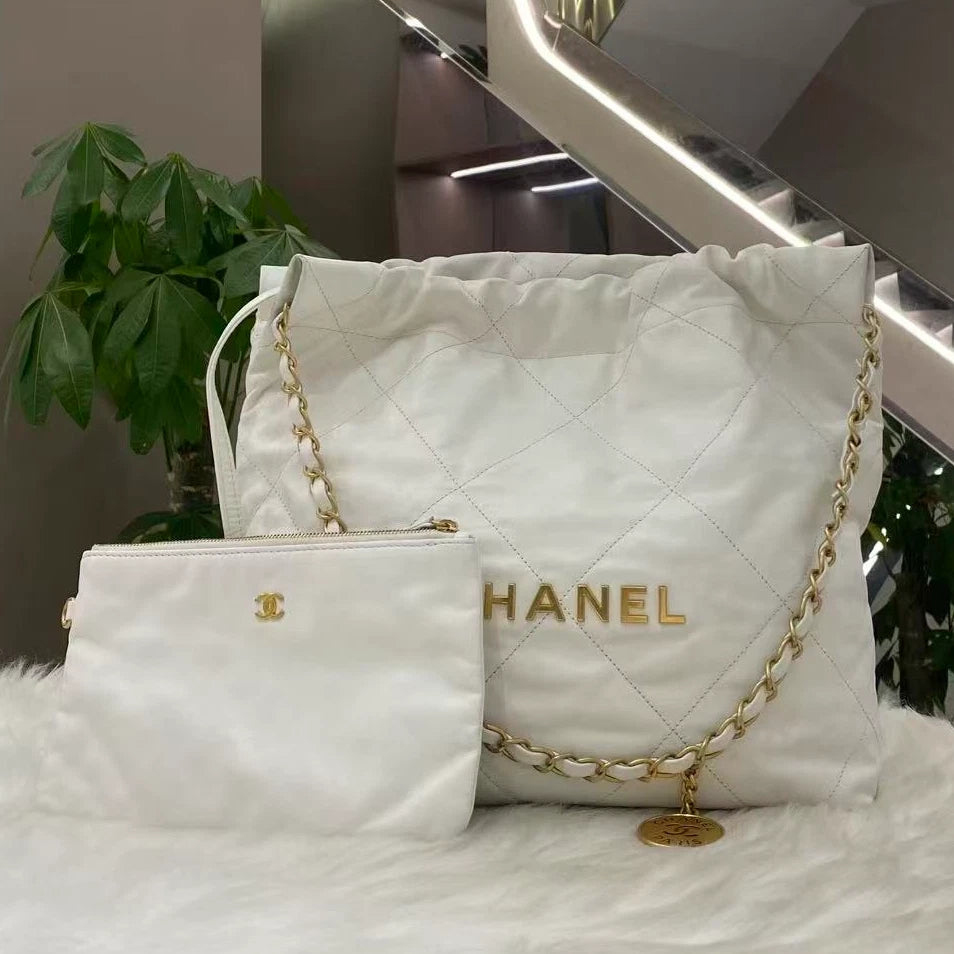 Chanel 22 Bag Small Calfskin Chain Shoulder Crossbody Bag White Gold
