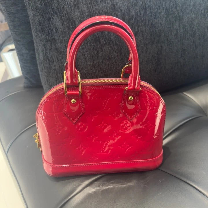 Louis Vuitton Alma BB Patent Top Handle Crossbody Red Gold Women Classic D
