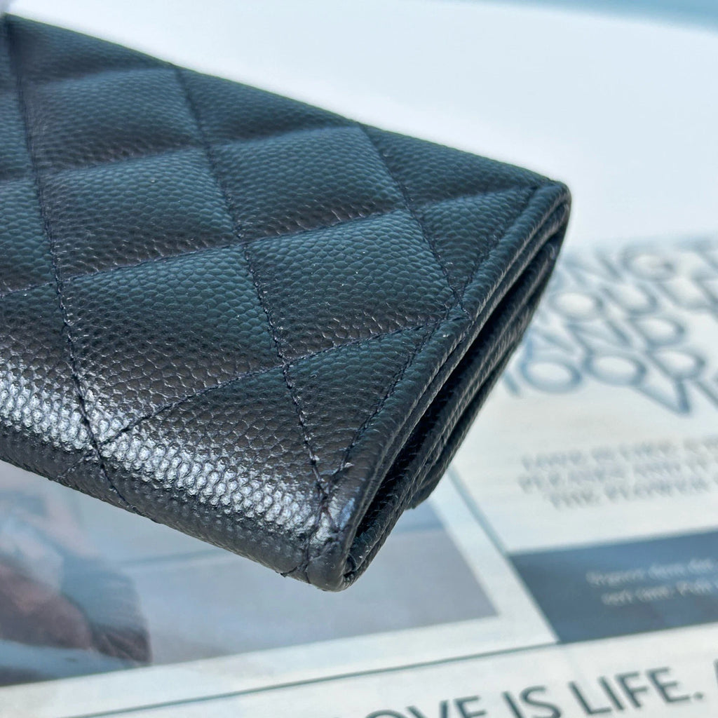 Chanel Calfskin Diamond Wallet Black Silver Women Classic