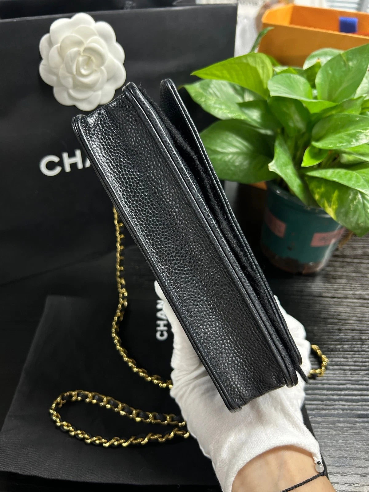 Chanel WOC Chain Shoulder Bag Black Gold Diamond Women Classic