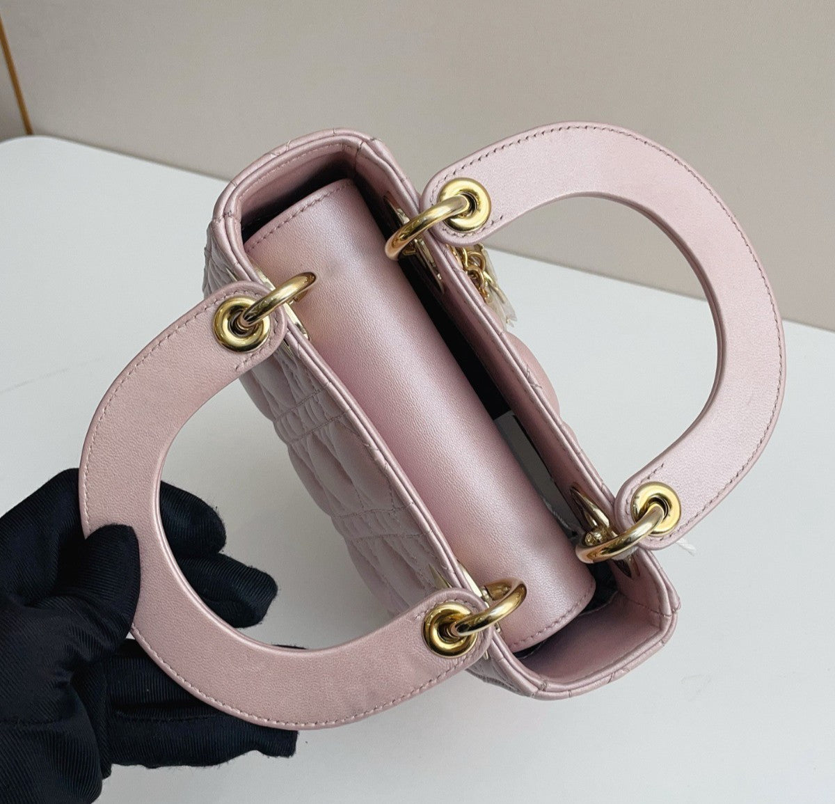 Christian Dior Lady Dior Chain Crossbody Top Handle Bag Pink Gold Women Classic