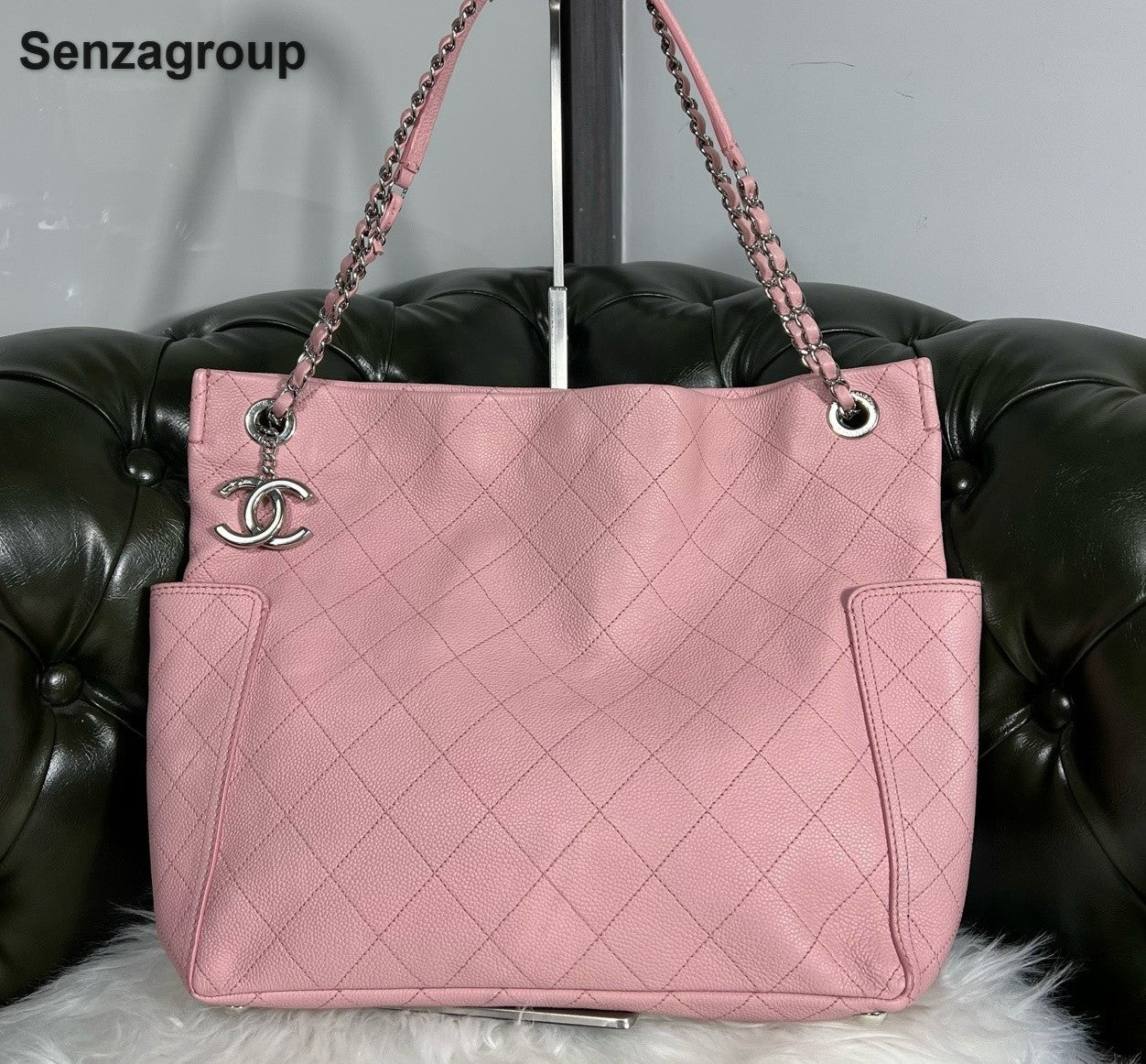 Chanel Tote Chain Shoulder Bag Pink Silver Used Women Classic Fashion