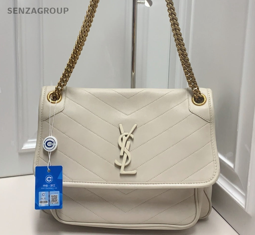 Saint Laurent Niki MM Lambskin Chain Shoulder Bag White Gold Women Classic