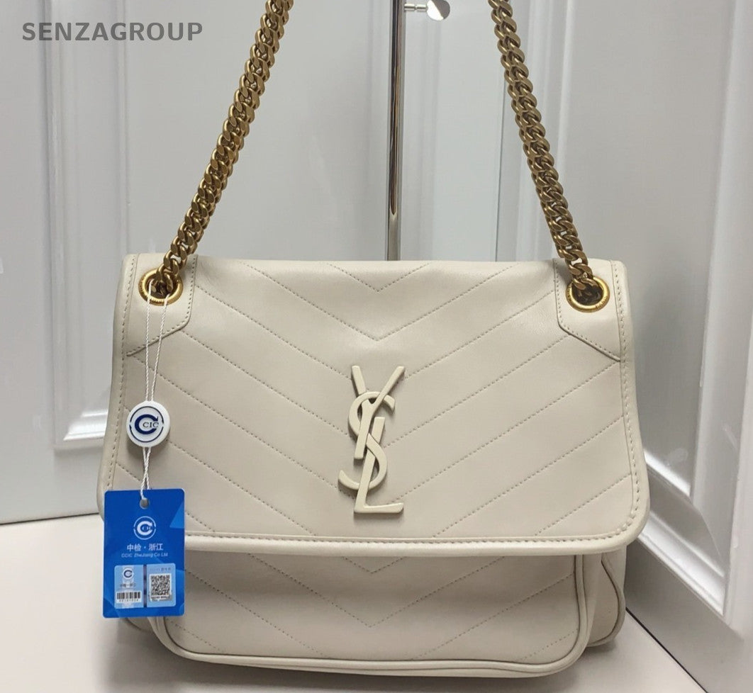 Saint Laurent Niki MM Lambskin Chain Shoulder Bag White Gold Women Classic