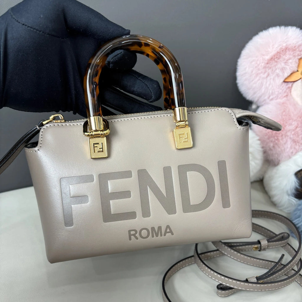 Fendi Bytheway Mini Top Handle Bag Crossbody Gray Gold Used Women Classic