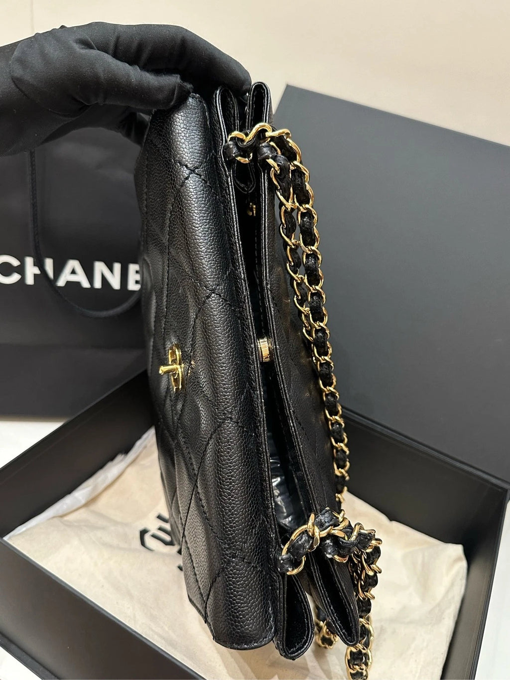 CHANEL Black Caviar Leather Messenger Chain Bag For Women