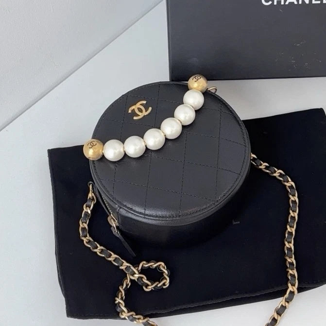 Excellent Chanel Pearl Round Bag Gold Chain Black Shoulder Bag Crossbody