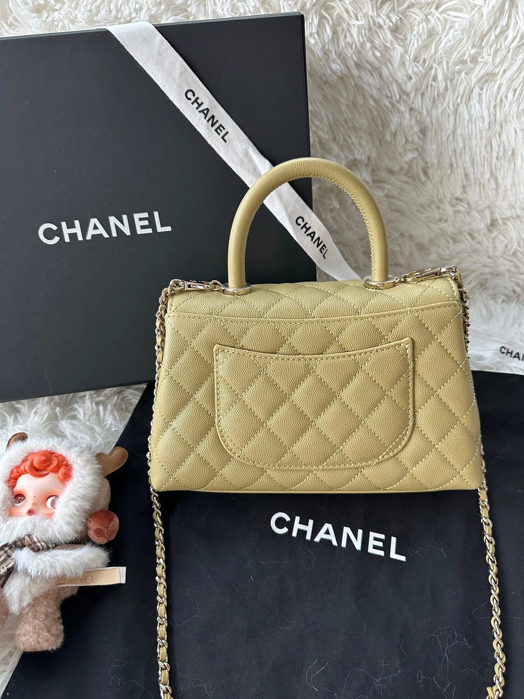 CHANEL Coco Handle Small Green Litchi Leather Top Handle Bag For Women