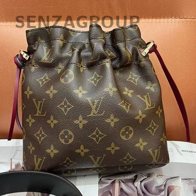 Louis Vuitton Monogram Bucket Bag Brown Red Gold Buckle Women Fashion