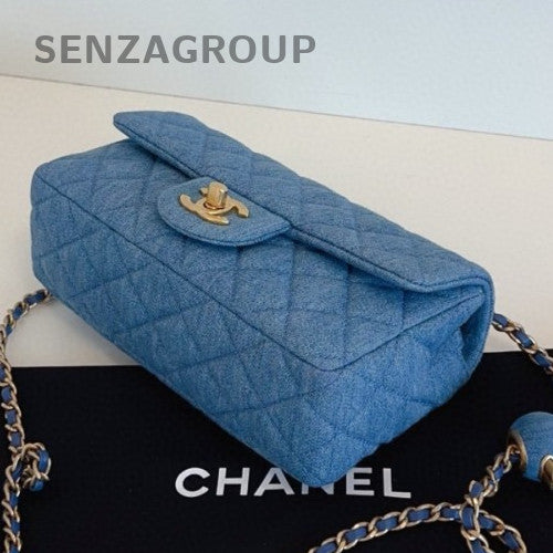 Chanel Classic Flap Mini Chain Shoulder Bag Crossbody Blue Gold Women Fashion