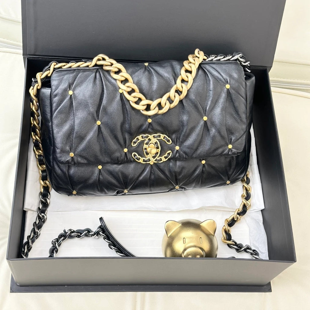 Excellent Chanel 19Bag PM Lambskin Chain Shoulder Crossbody Bag Black GHD