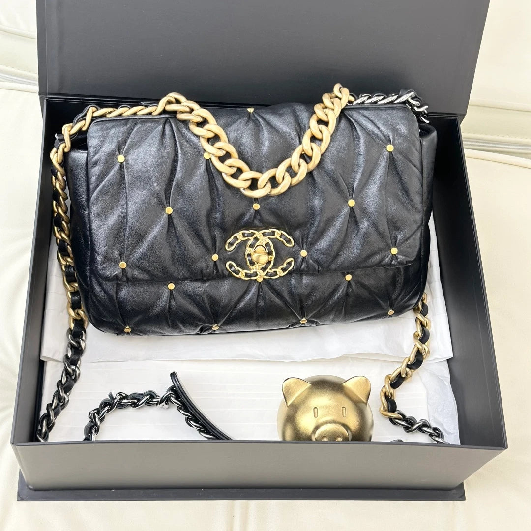 Excellent Chanel 19Bag PM Lambskin Chain Shoulder Crossbody Bag Black GHD