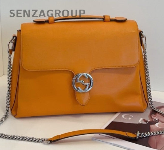 Gucci Interlocking G Calfskin Chain Shoulder Bag Brown Silver Used Women Classic