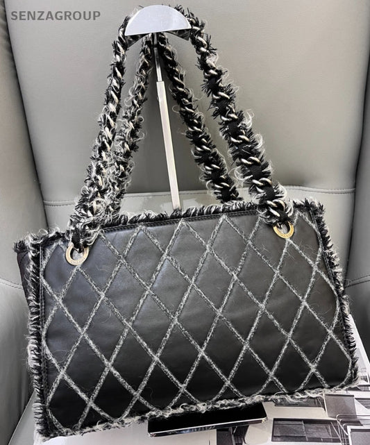 Chanel Matelasse Chain Wool Fabric Shoulder Tote Bag Black White Women Classic