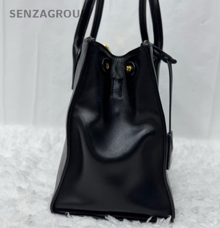 Prada Galleria PM Top Handle Bag Black Gold Used Women Classic