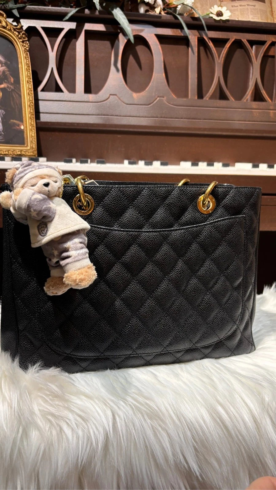 CHANEL GST Black Gold Leather Shoulder Handbag Tote For Women