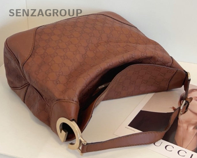 Gucci Hobo Calfskin Shoulder Bag Brown Gold Used Women Classic Designer