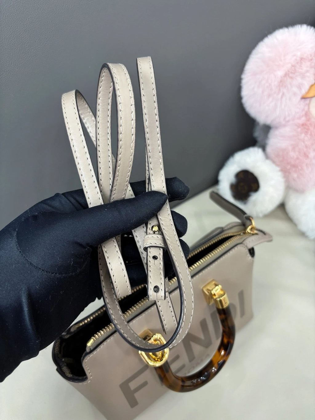 Fendi Bytheway Mini Top Handle Bag Crossbody Gray Gold Used Women Classic