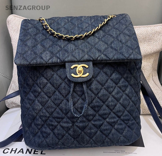 Chanel Denim Salzburg Backpack Blue Gold Women Classic Fashion Diamond