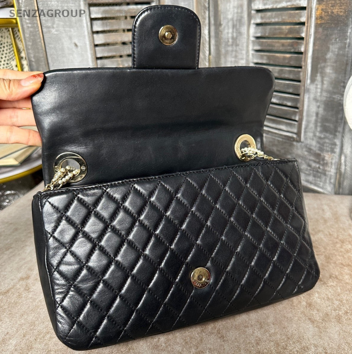Chanel Classic Flap Lambskin Pearl Chain Shoulder Bag Black Gold Diamond Women