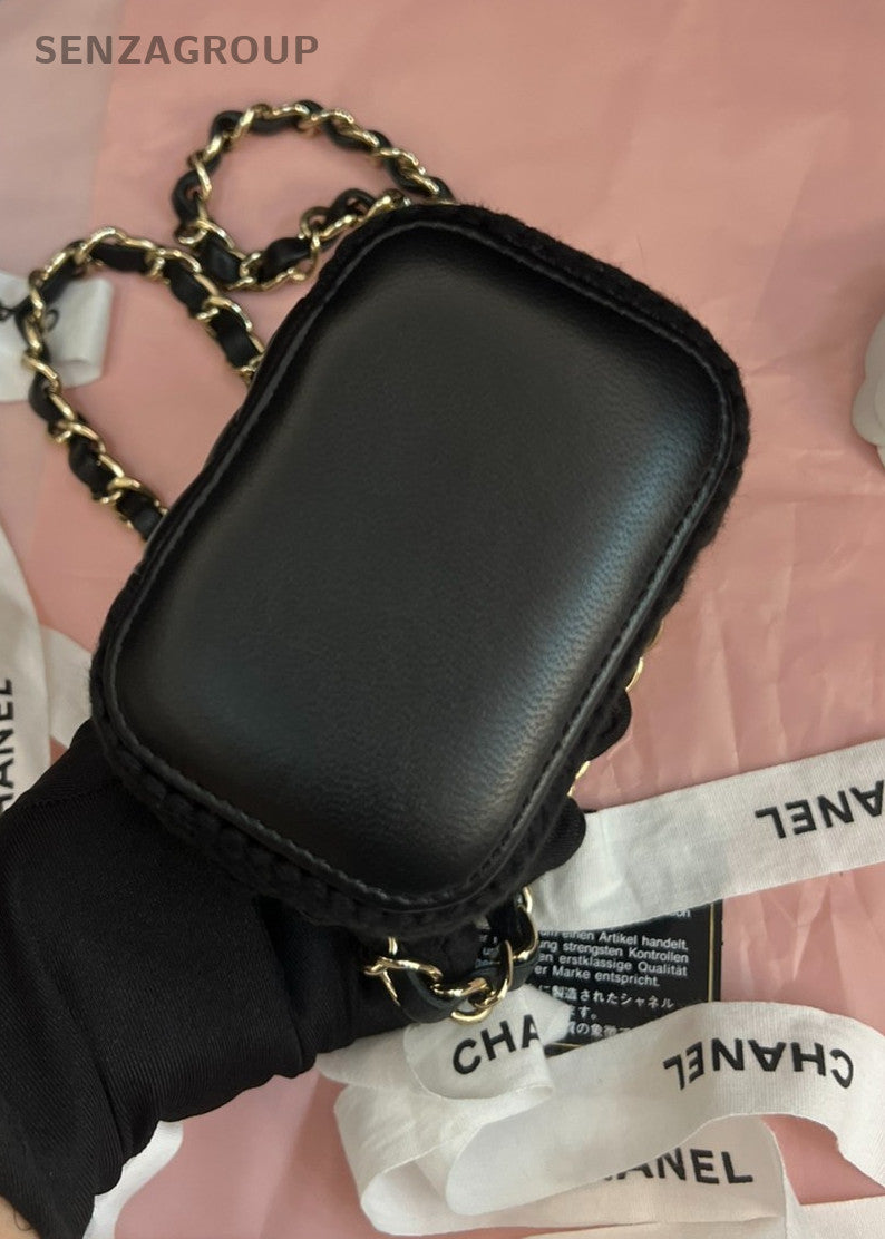 CHANEL Vanity Box mini Fur Leather Chain Shoulder bag Crossbody Women Black Gold