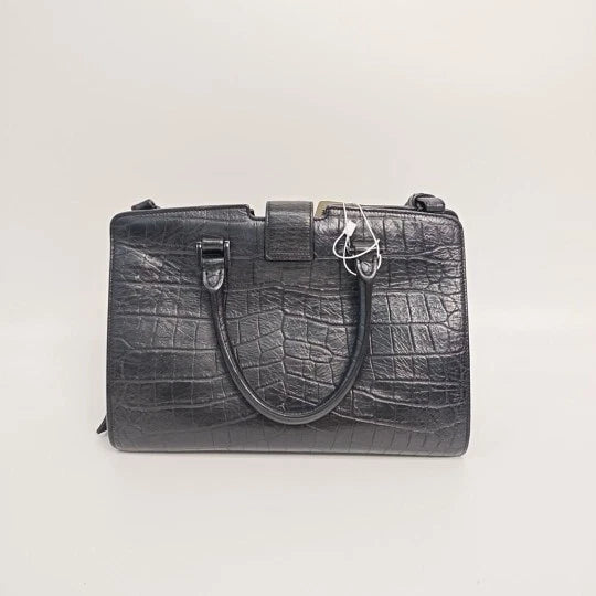 Saint Laurent Black Crocodile Embossed Cabas Shoulder Handbag For Women