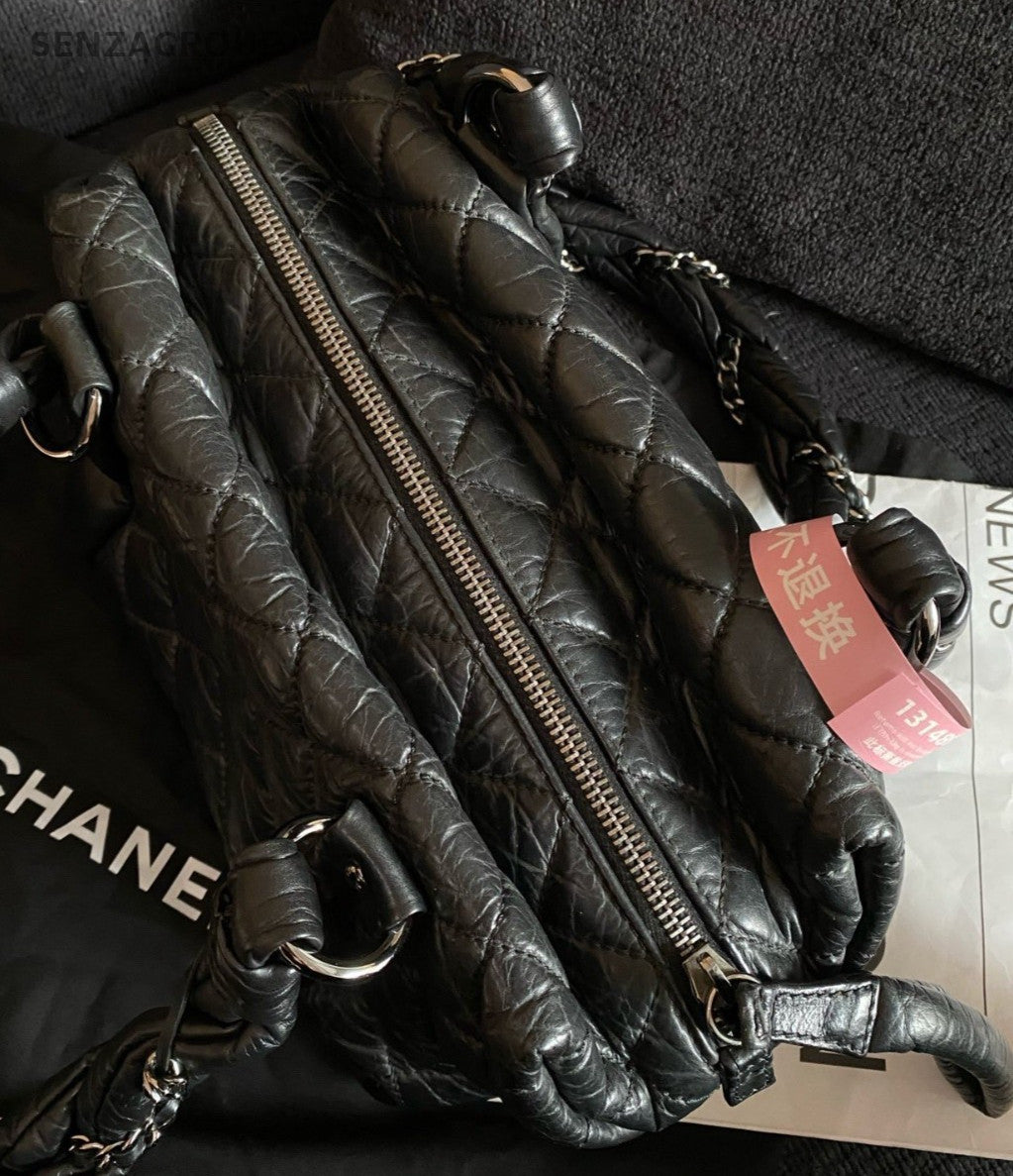 Chanel Diamond Bowling Top Handle Bag Black Silver Women Classic