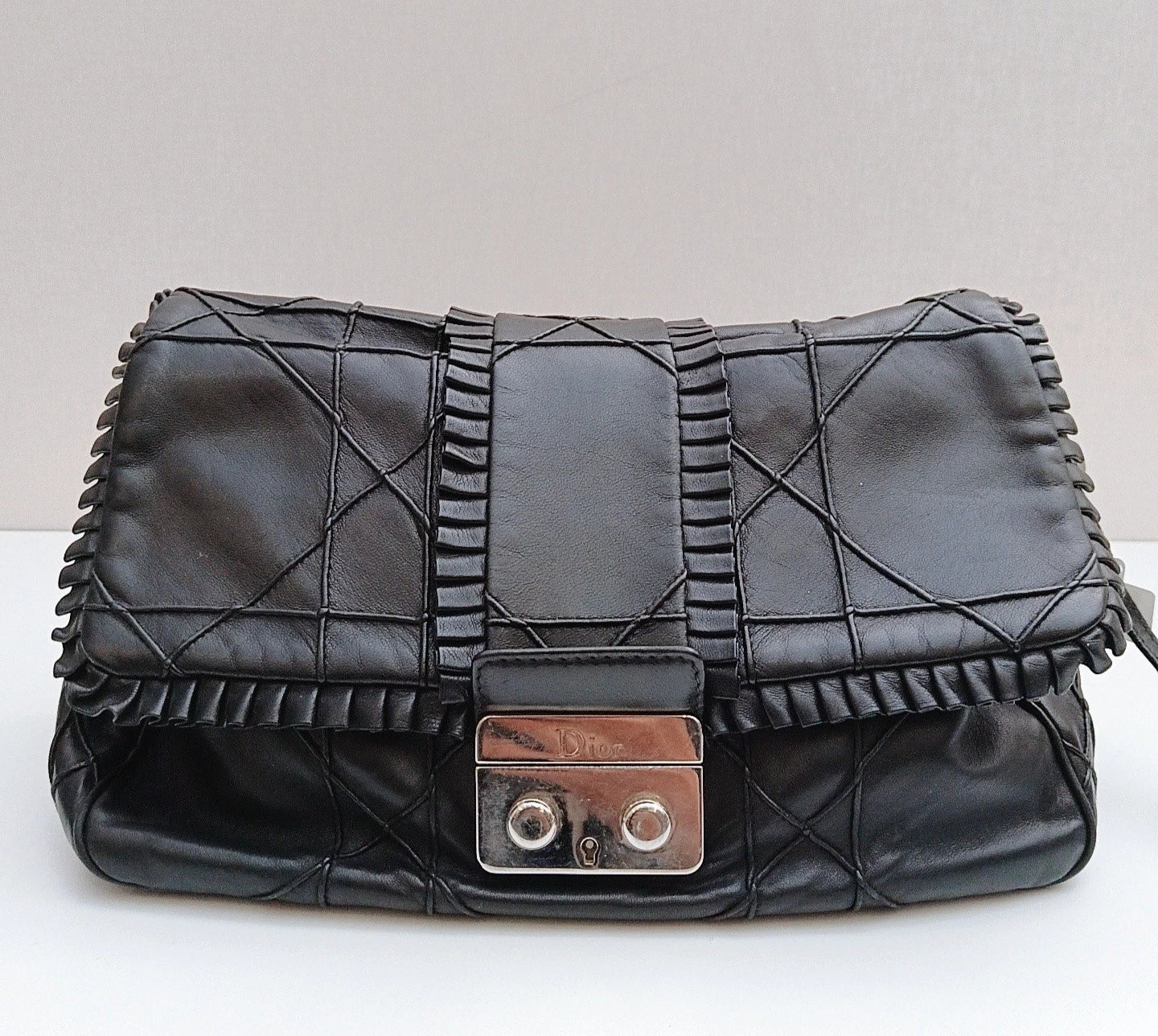 Christian Dior Calfskin Chain Black Silver Shoulder Bag Women Classic