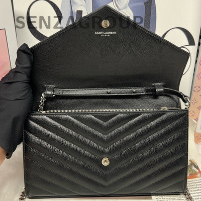 YSL Saint Laurent Classic Chain Envelope Leather Wallet Bag Black Silver