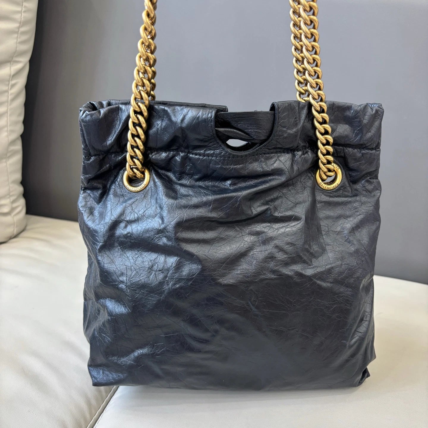 Excellent Balenciaga Crush PM Black Bucket Chain Shoulder Bag Gold Hardware