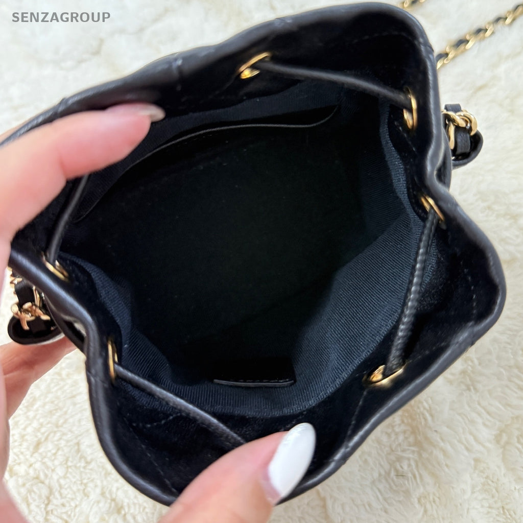 Chanel 22S Mini Bucket Bag Black Gold Quilted Lambskin Shoulder Crossbody