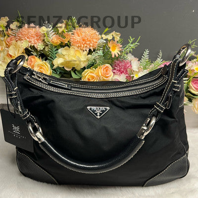 Prada Black Silver Nylon Hobo Shoulder Bag Classic Fashion Women