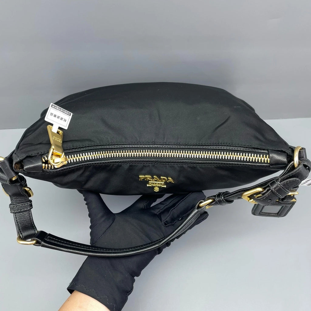 Prada Black Gold Nylon Hobo Shoulder Bag For Women