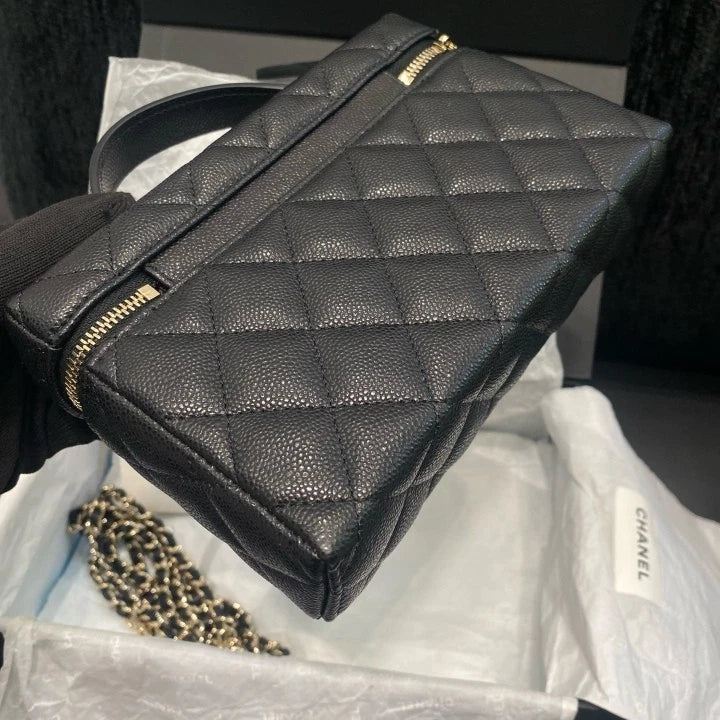 Chanel Vanity Case Chain Calfskin Top Handle Shoulder Bag Black Gold Women D