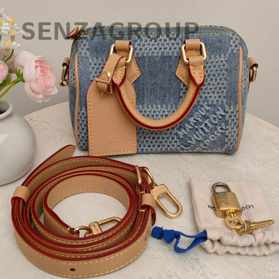 Louis Vuitton Damier Nano Speedy 18 Denim Blue Gold Women's Handbag