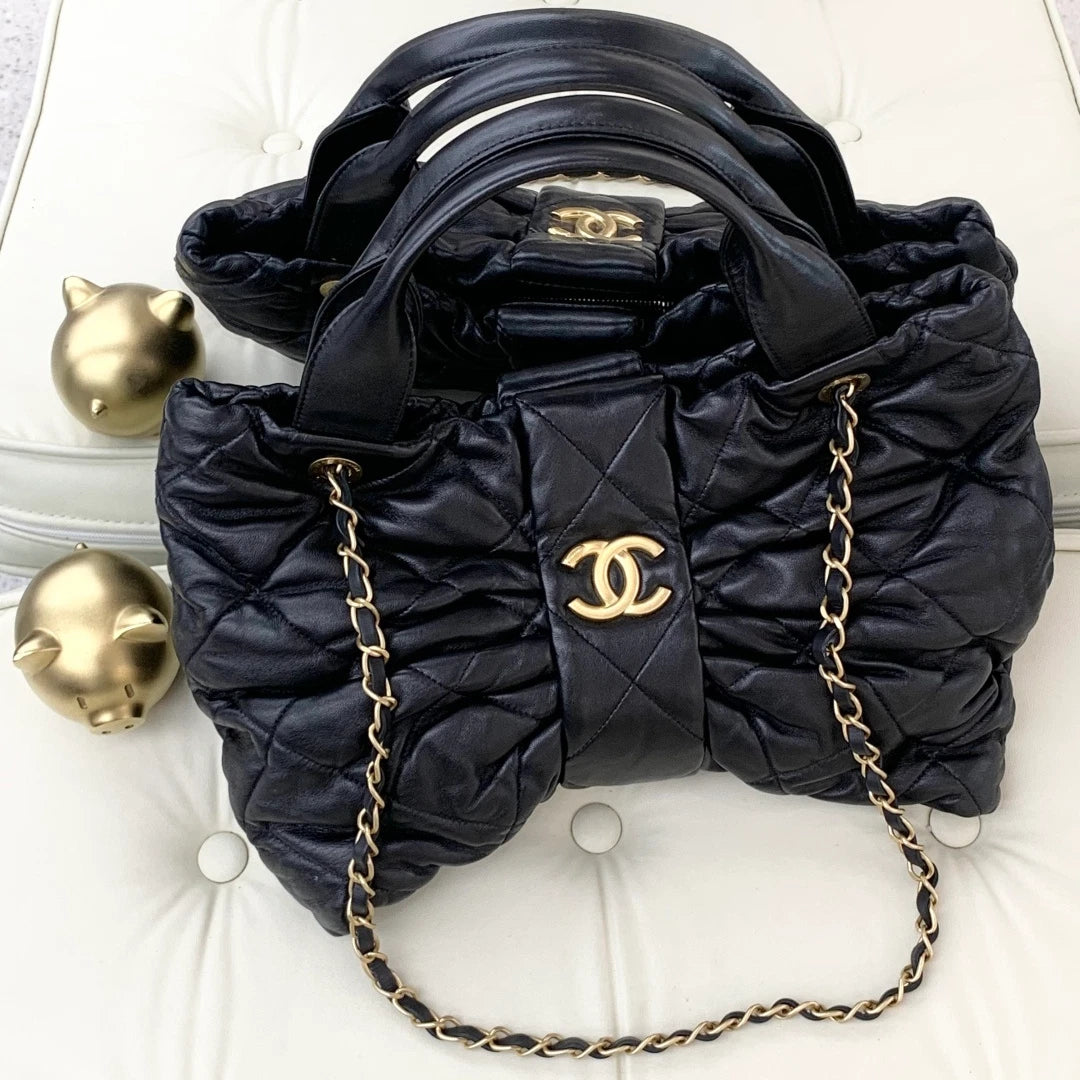 Chanel Lambskin MM 2Ways Top Handle Shoulder Bag Black Gold Hardware Women S