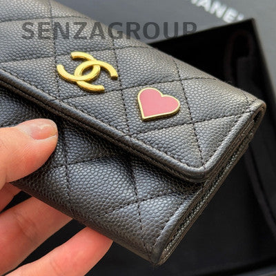 Chanel Black Gold Quilted Card Holder Clutch Classic Women's