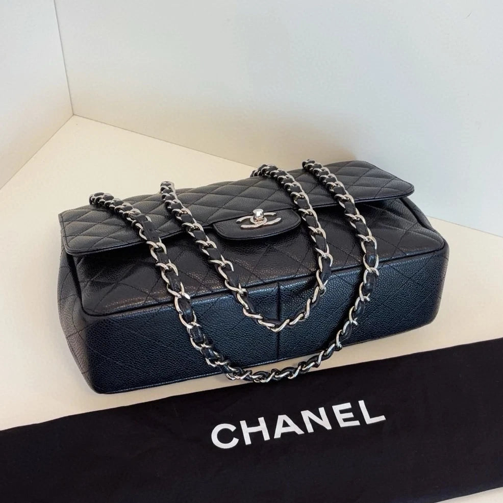 Chanel Classic Flap Jumbo Chain Shoulder Crossbody Black Silver Women Diamond