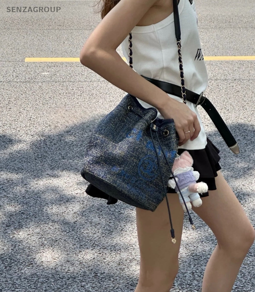 Chanel Beach Drawstring Bucket Chain Shoulder Bag Crossbody Gray Black Women