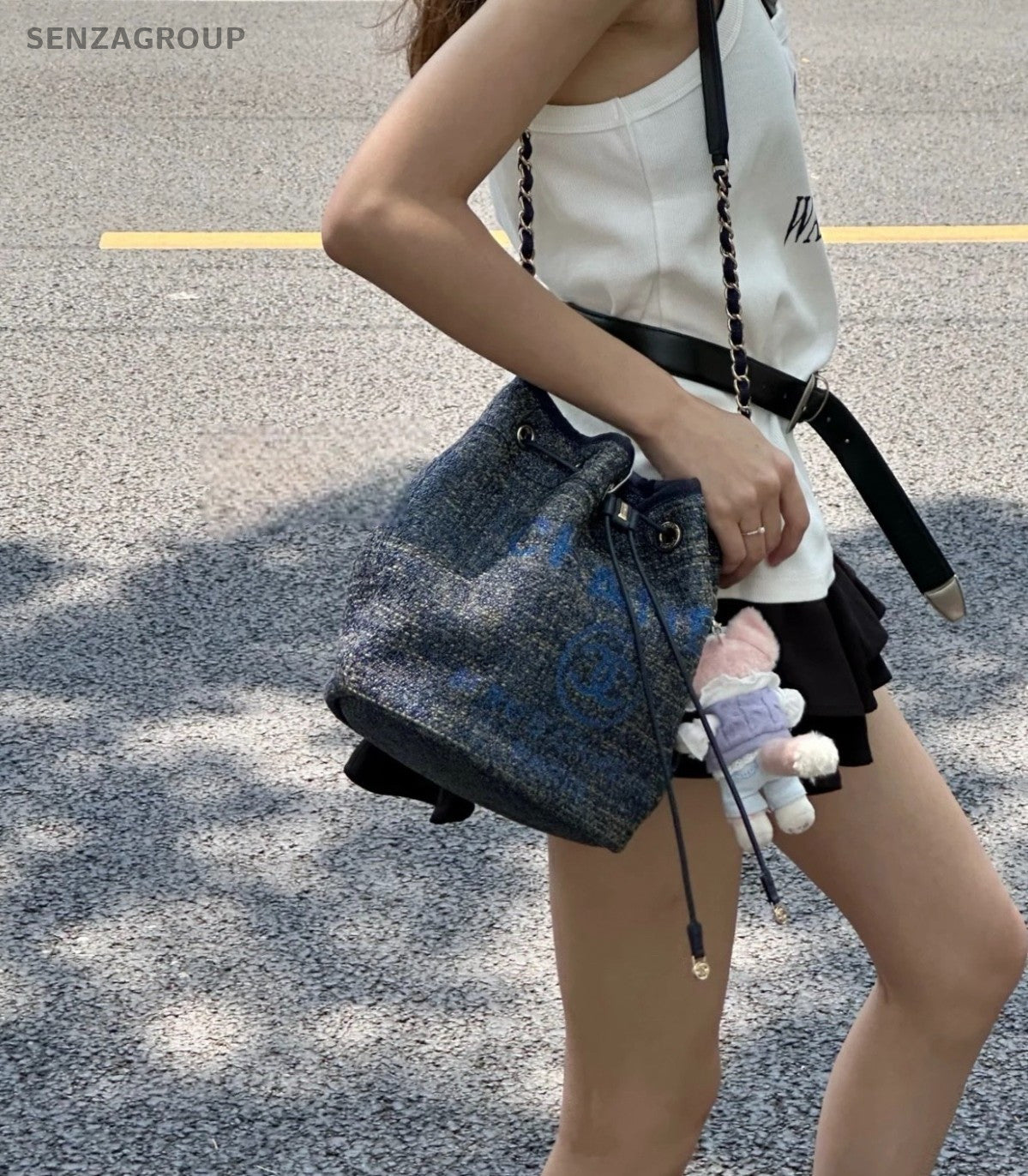 Chanel Beach Drawstring Bucket Chain Shoulder Bag Crossbody Gray Black Women