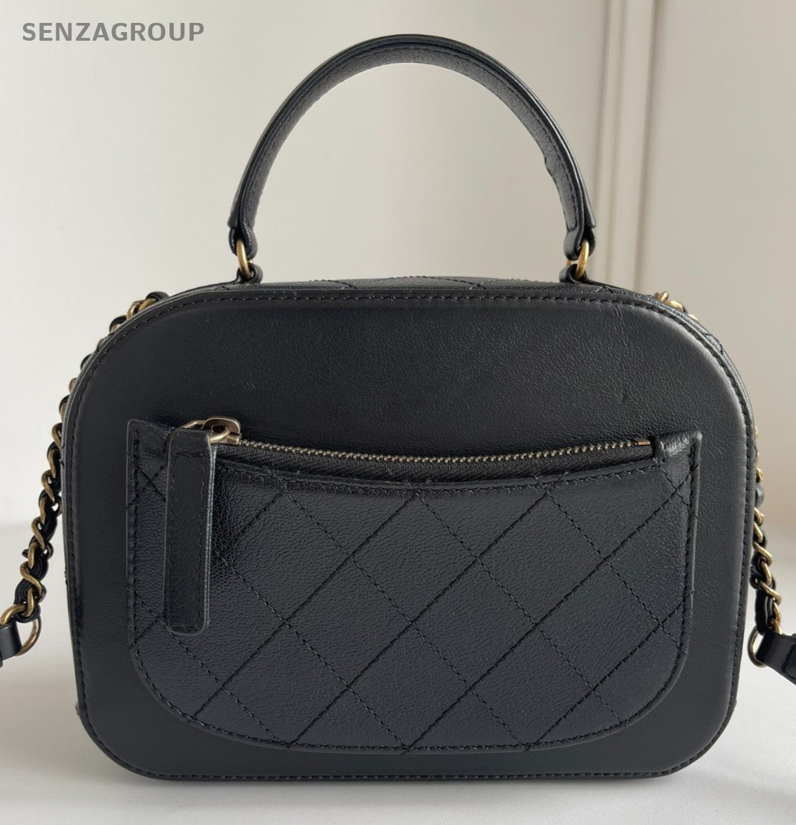 Chanel Calfskin Chain Top Handle Bag Crossbody Black Gold Women Classic