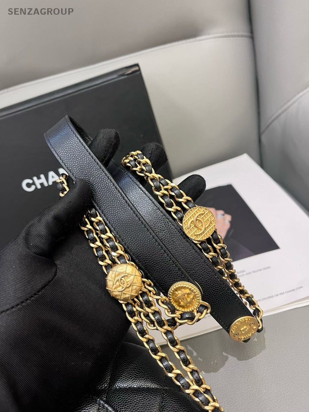 Chanel Calfskin Chain Diamond Shoulder Bag Crossbody Black Gold Women Fashion