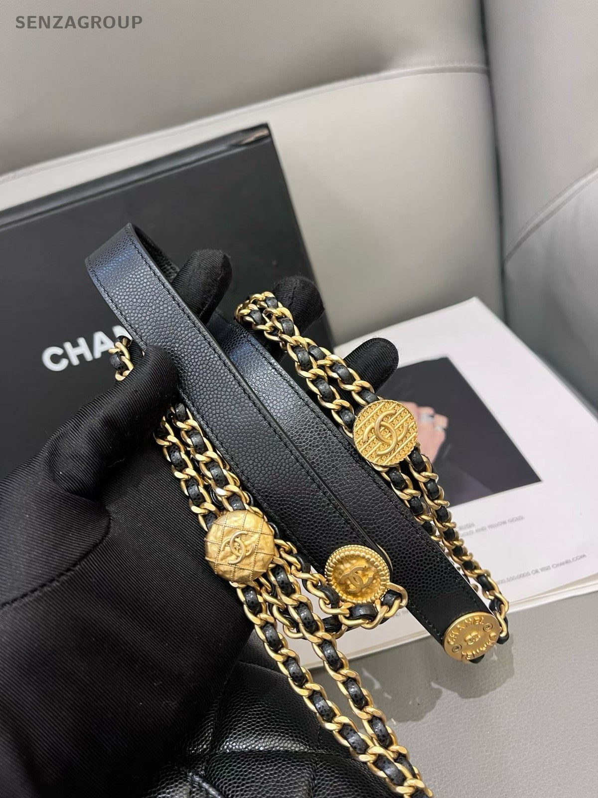 Chanel Calfskin Chain Diamond Shoulder Bag Crossbody Black Gold Women Fashion
