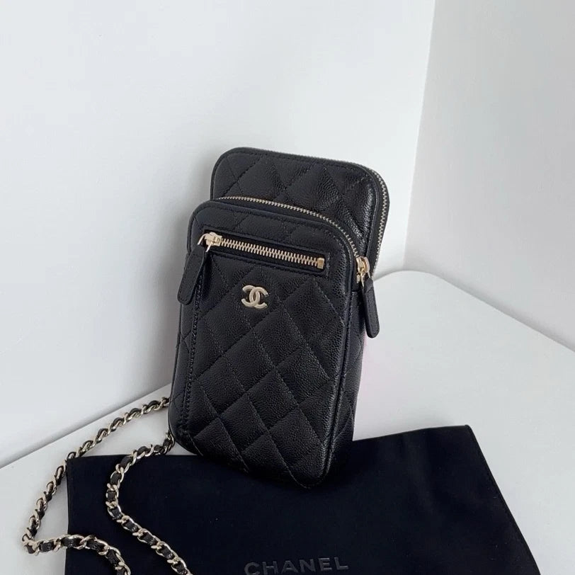 New Chanel Calfskin Phone Bag Gold Chain Black Crossbody Diamond