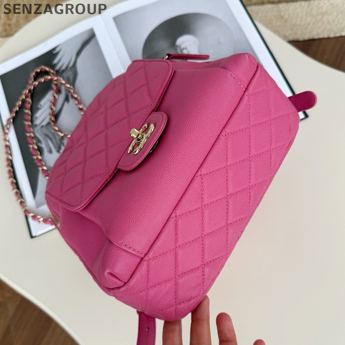Chanel Diamond Chain Backpack Pink Gold Classic Fashion Women