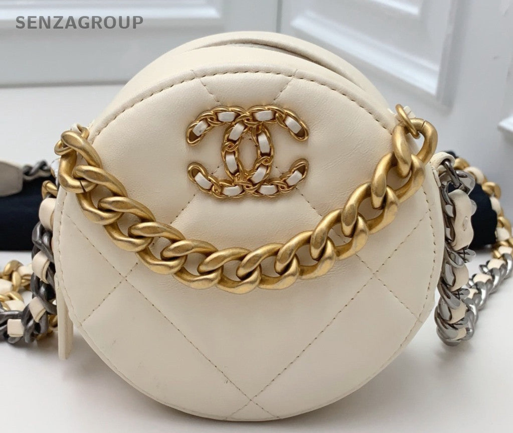 Chanel Diamond Chain Round Bag Crossbody White Gold Used Women Classic