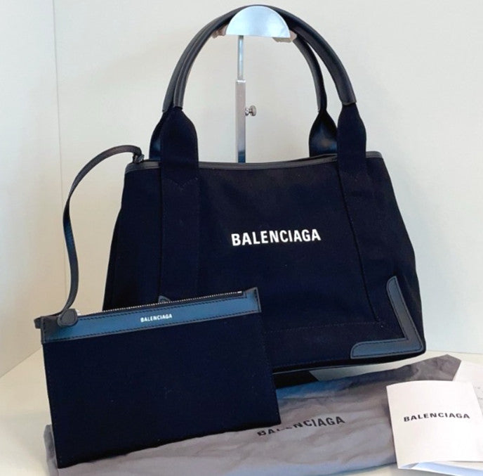 Balenciaga Navy Cabas Canvas Tote Top Handle Shoulder Bag With Pouch Black Women