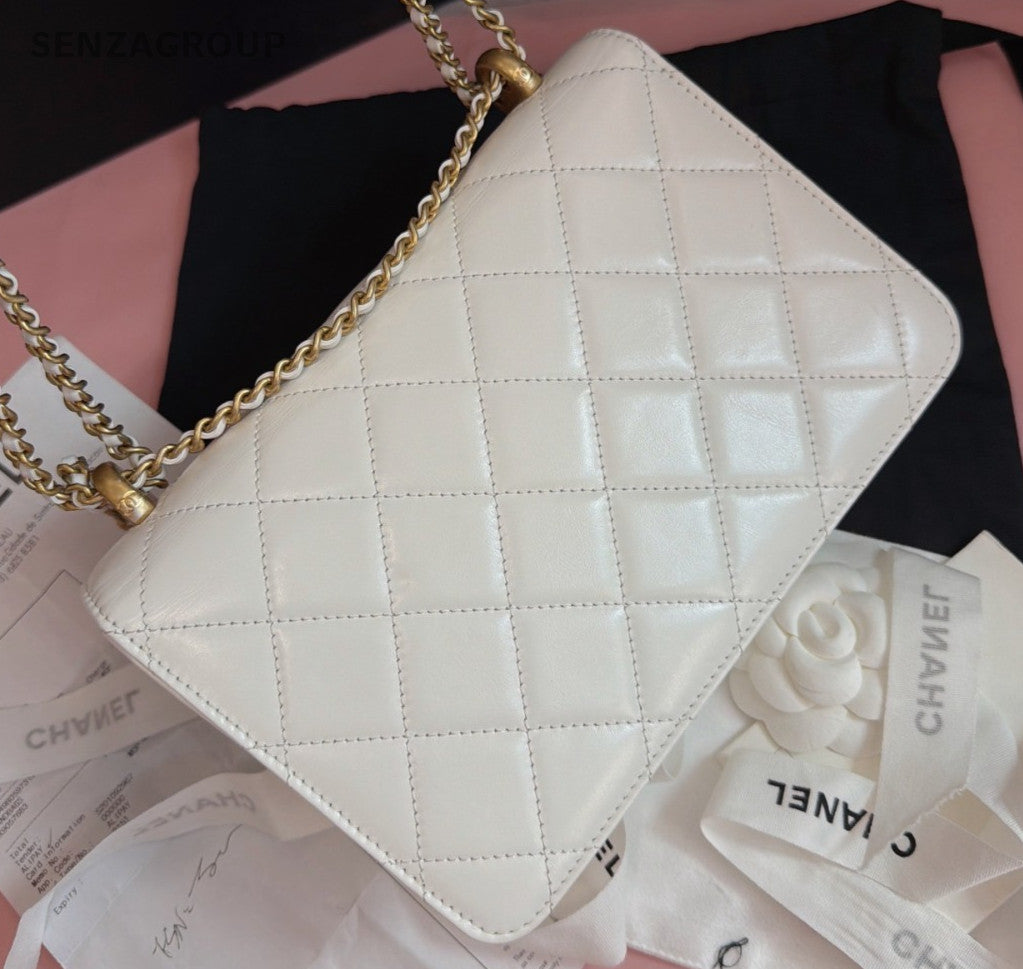 Chanel Diamond Calfskin Chain Shoulder Bag White Gold Women Classic Fashion