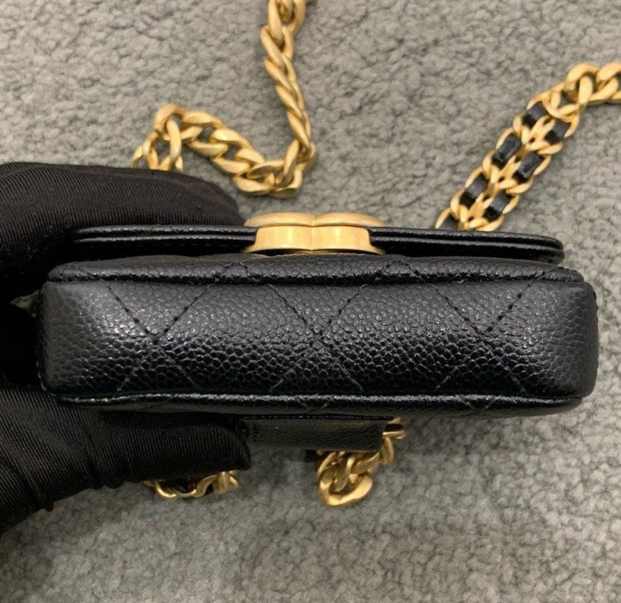 Chanel Calfskin Mini Chain Shoulder Bag Crossbody Black Gold Women Classic